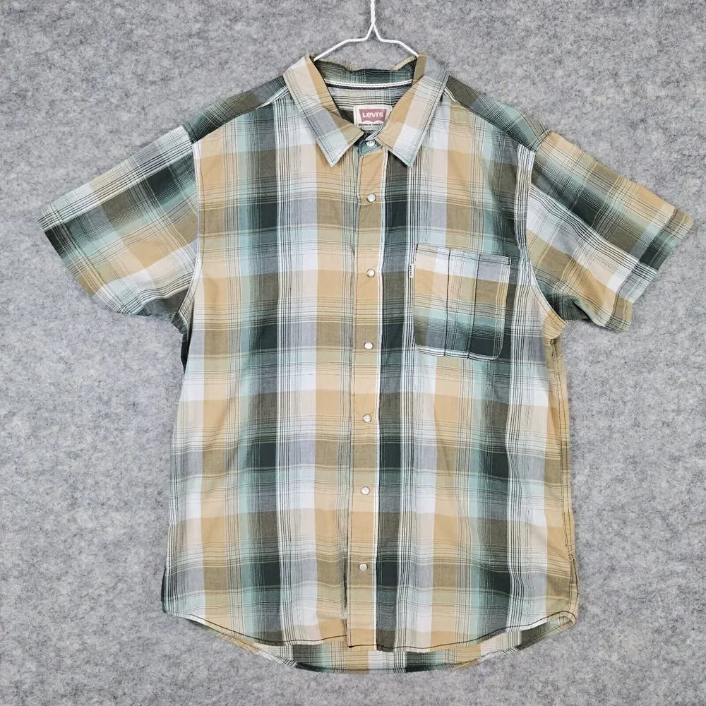 Levi's Green & Yellow Plaid‎ Pearl Snap Shirt Size Large Short Sleeves White Tab